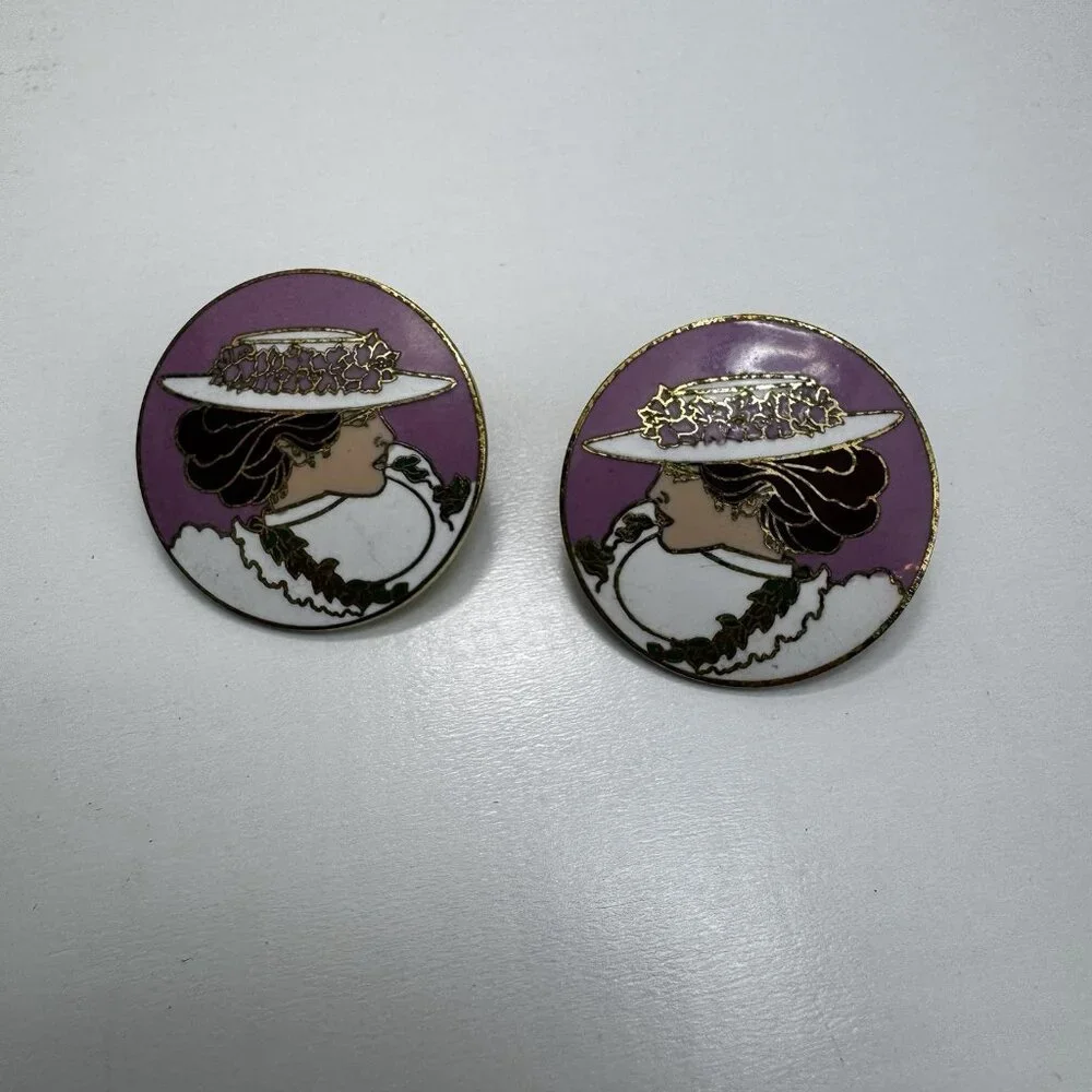 Diana Hansen-Young 1988 Enamel Earrings Vintage Art Nouveau Lady Portrait Rare - Picture 5 of 8